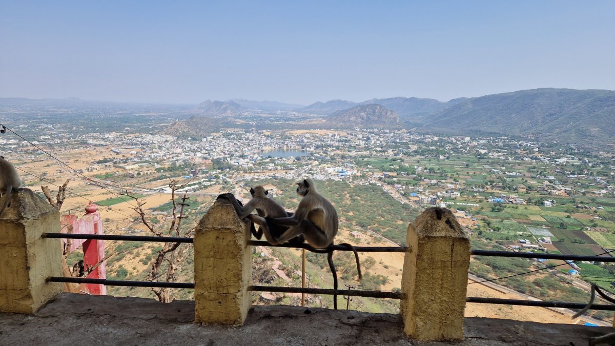 Výhled na Pushkar z kopce s lanovkou