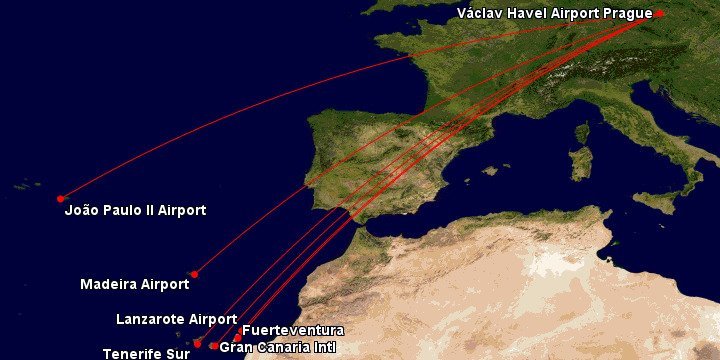 Mapa evropských destinací