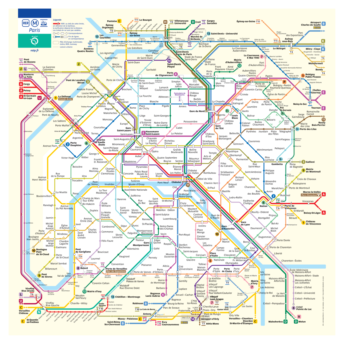 Mapa metra v centrální Paříži