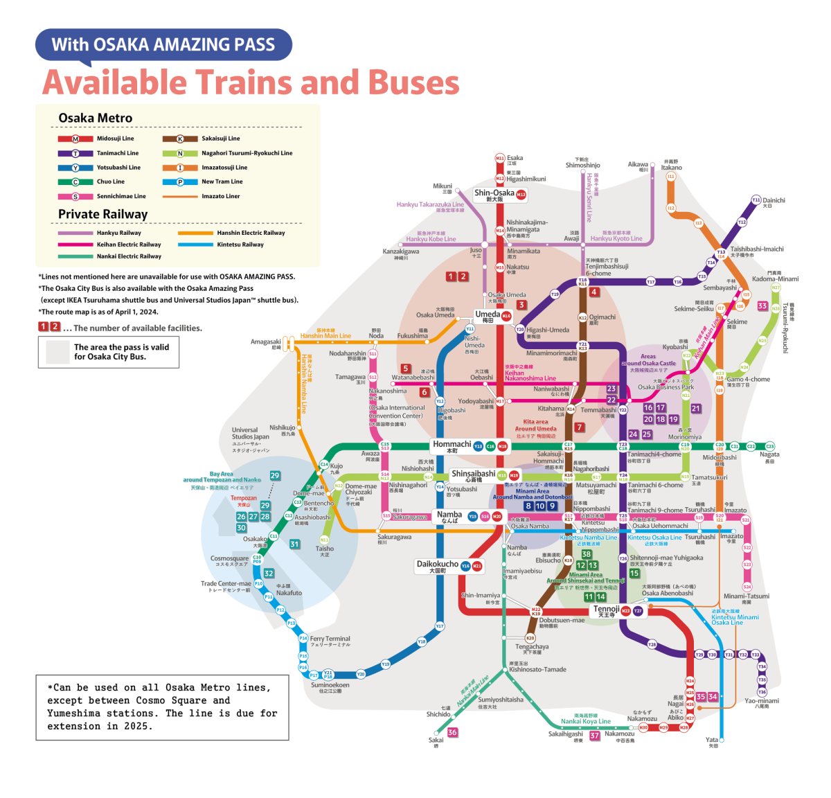 Mapa linek Osaka Amazing Pass