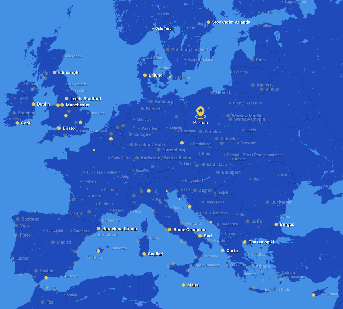 Ryanair route map z letiště Poznaň POZ